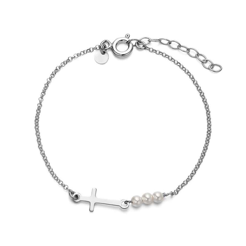 PULSERA PLATA CRUZ CON PERLAS