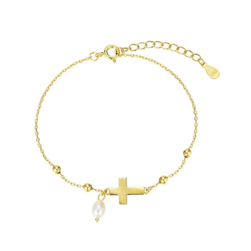 PULSERA PLATA CON CRUZ Y PERLA