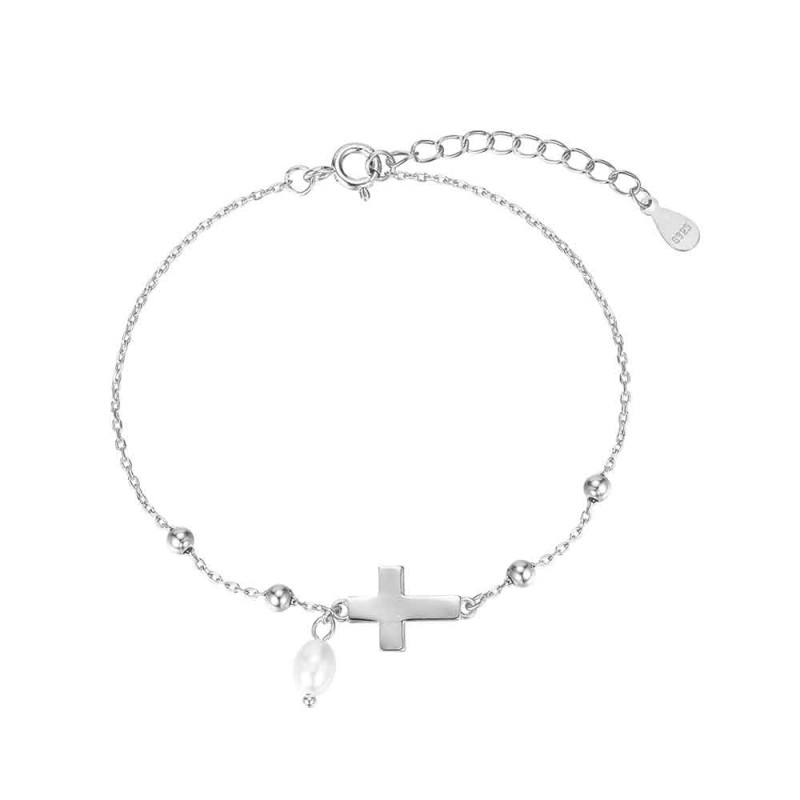 PULSERA PLATA CON CRUZ Y PERLA